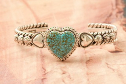 Artie Yellowhorse Genuine Kingman Web Turquoise Sterling Silver Heart Bracelet